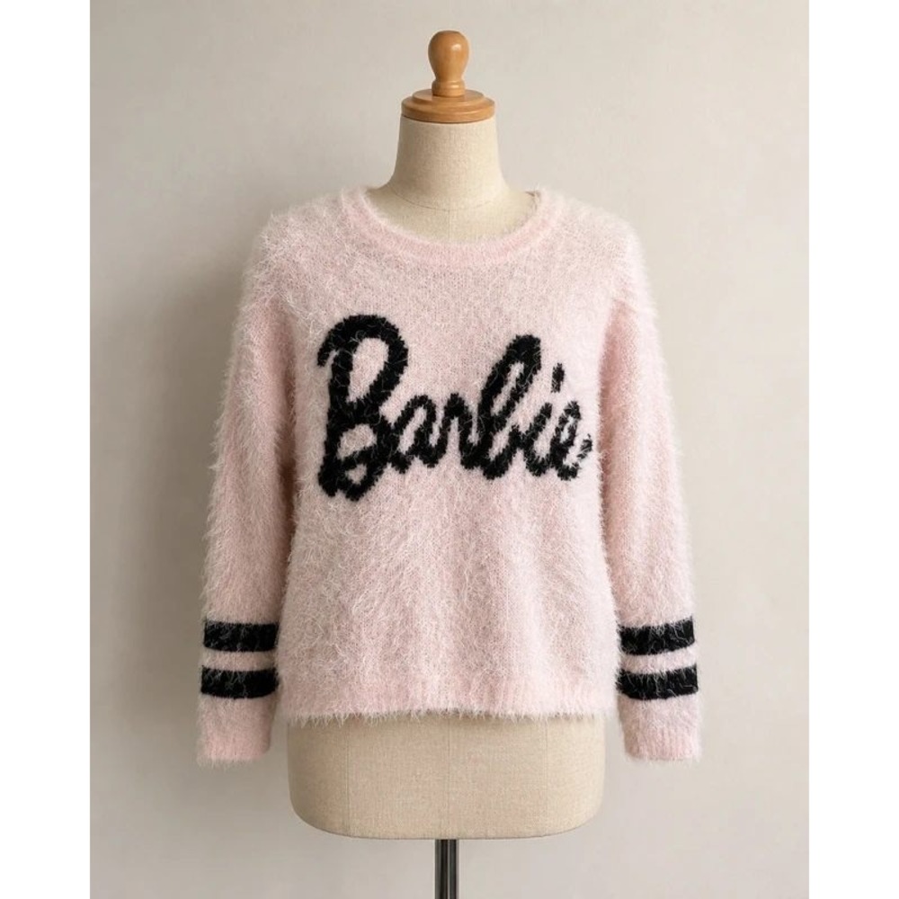 Barbiecore Pink Eyelash Knit Logo Sweater Limited Edition Small Striped Cuffs
